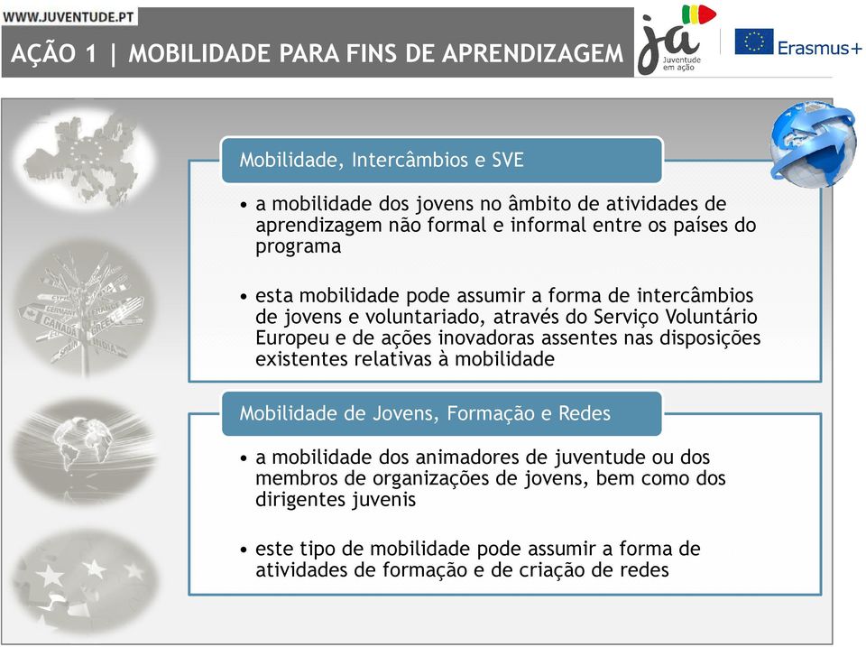 ações inovadoras assentes nas disposições existentes relativas à mobilidade Mobilidade de Jovens, Formação e Redes a mobilidade dos animadores de juventude ou