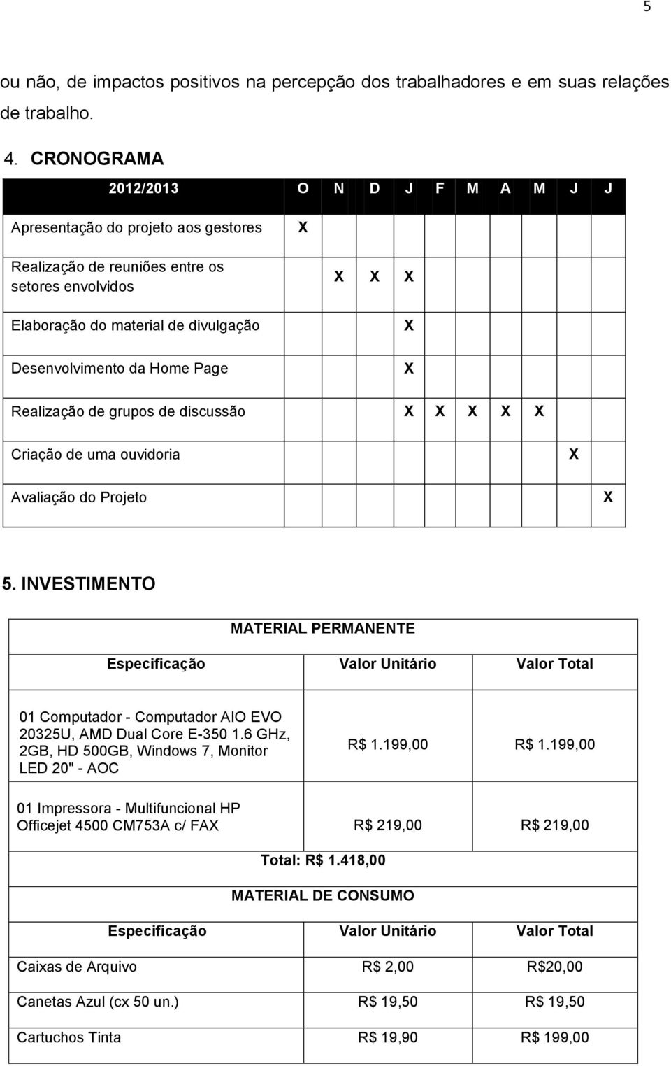 Realização de grupos de discussão Criação de uma ouvidoria Avaliação do Projeto 5.