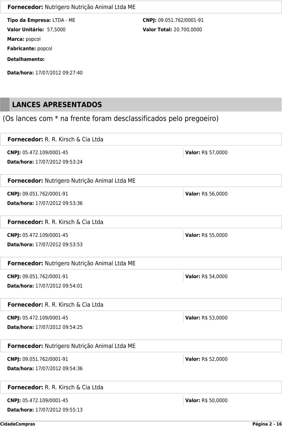 109/0001-45 Valor: R$ 57,0000 Data/hora: 17/07/2012 09:53:24 CNPJ: 09.051.762/0001-91 Valor: R$ 56,0000 Data/hora: 17/07/2012 09:53:36 CNPJ: 05.472.
