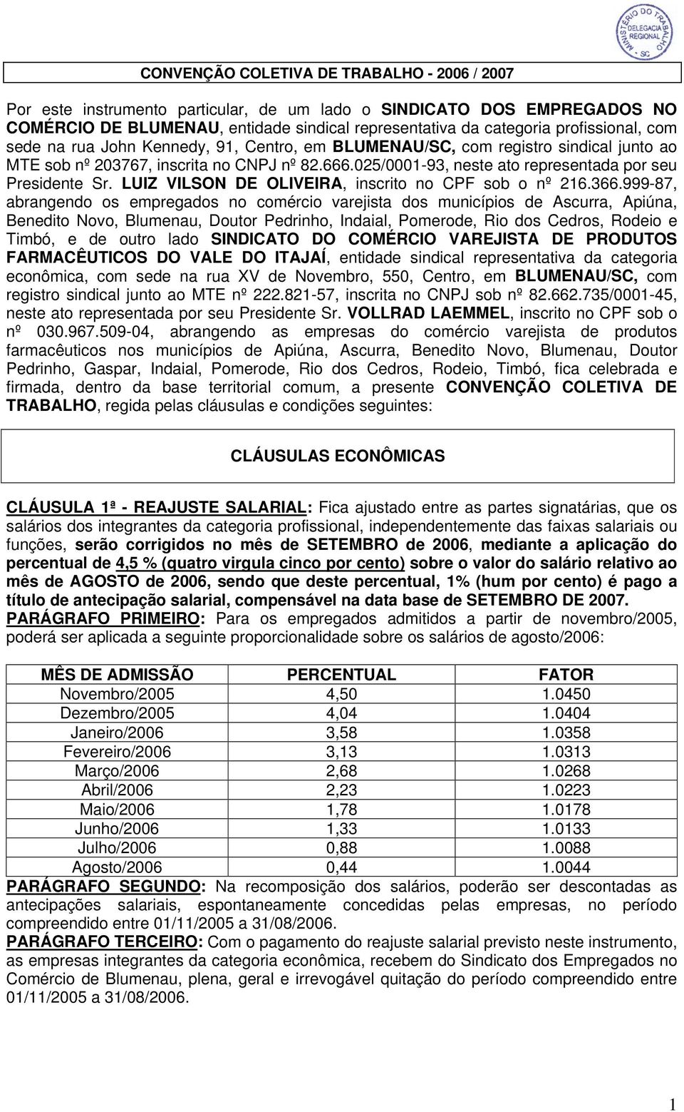 025/0001-93, neste ato representada por seu Presidente Sr. LUIZ VILSON DE OLIVEIRA, inscrito no CPF sob o nº 216.366.