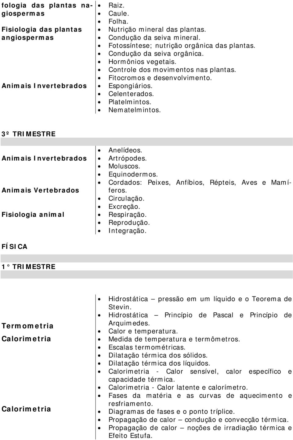 Platelmintos. Nematelmintos. Animais Invertebrados Animais Vertebrados Fisiologia animal FÍSICA Anelídeos. Artrópodes. Moluscos. Equinodermos. Cordados: Peixes, Anfíbios, Répteis, Aves e Mamíferos.