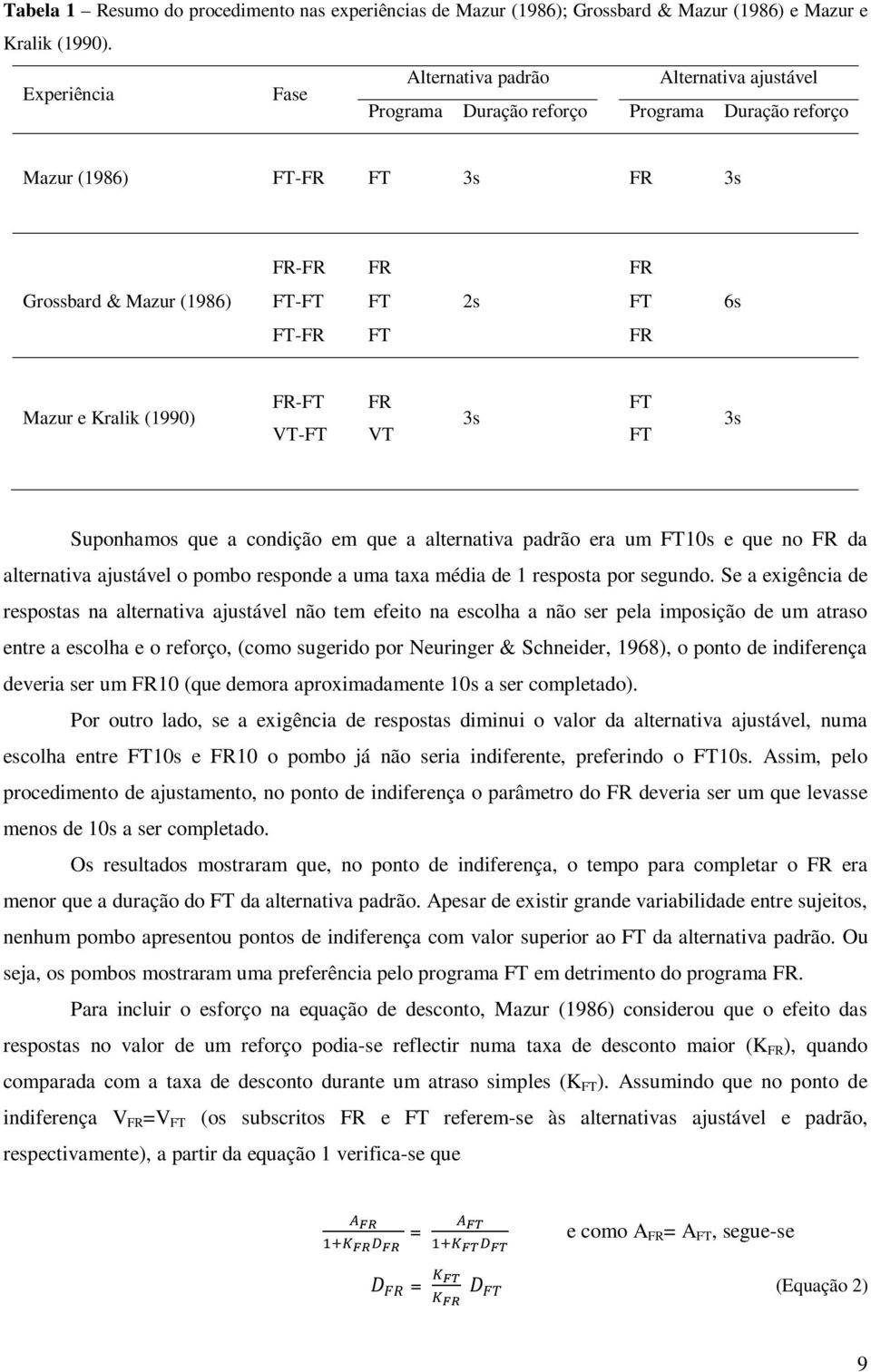 FR 6s Mazur e Kralik (1990) FR-FT FR FT 3s VT-FT VT FT 3s Suponhamos que a condição em que a alternativa padrão era um FT10s e que no FR da alternativa ajustável o pombo responde a uma taxa média de