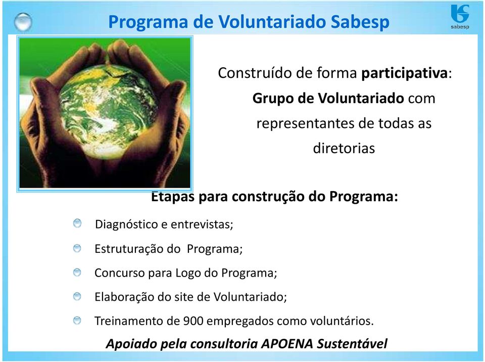 entrevistas; Estruturação do Programa; Concurso para Logo do Programa; Elaboração do site de