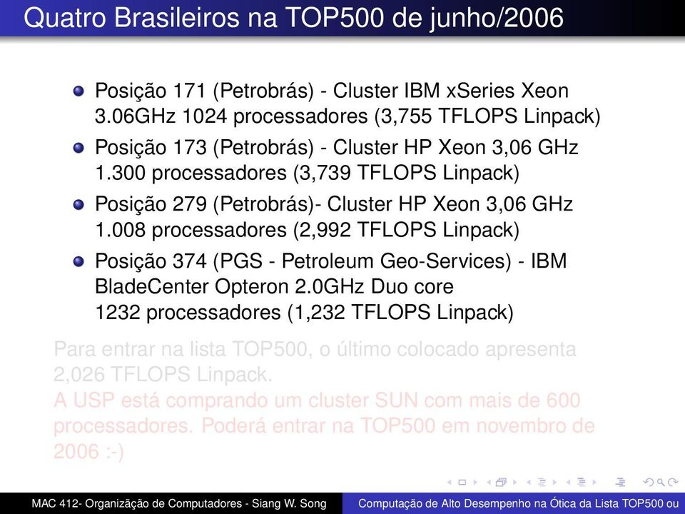 300 processadores (3,739 TFLOPS Linpack) Posição 279 (Petrobrás)- Cluster HP Xeon 3,06 GHz 1.