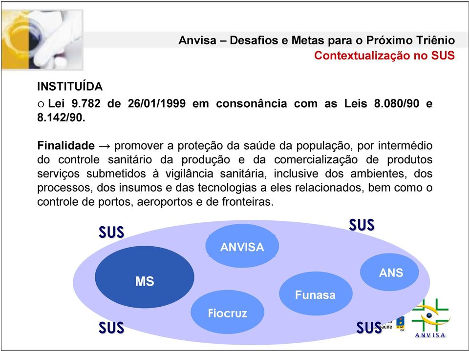 Finalidade promover a proteção da saúde da população, por intermédio do controle sanitário da produção e da comercialização de