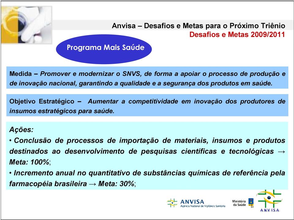 Aumentar a competitividade em inovação dos produtores de Ações: Conclusão de processos de importação de materiais, insumos e produtos destinados ao