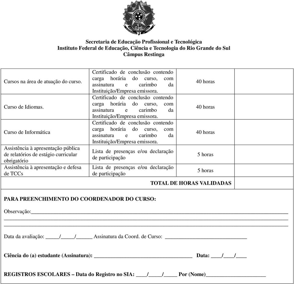 de TCCs Lista de presenças e/ou declaração de participação Lista de presenças e/ou declaração de participação 5 horas 5 horas TOTAL DE HORAS