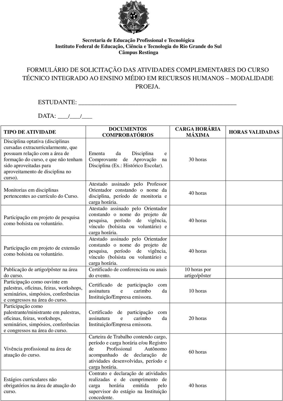 aproveitamento de disciplina no curso). Monitorias em disciplinas pertencentes ao currículo do Curso. Participação em projeto de pesquisa como bolsista ou voluntário.