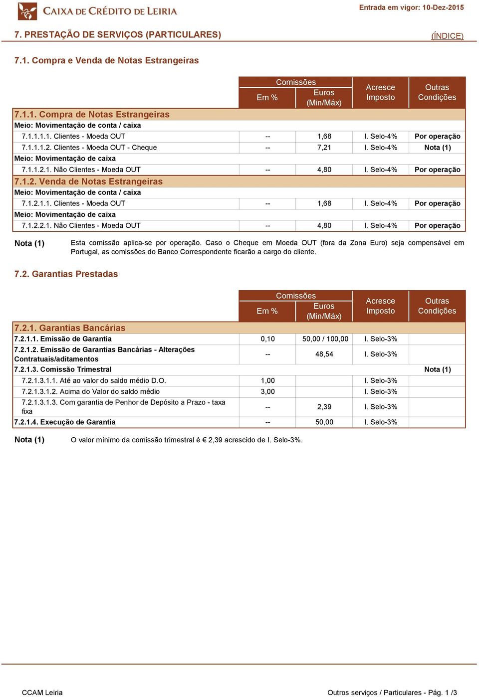 1.1.1.2. Clientes - Moeda OUT - Cheque 7,21 Meio: Movimentação de caixa 7.1.2.2.1. Não Clientes - Moeda OUT 4,80 Por operação Esta comissão aplica-se por operação.