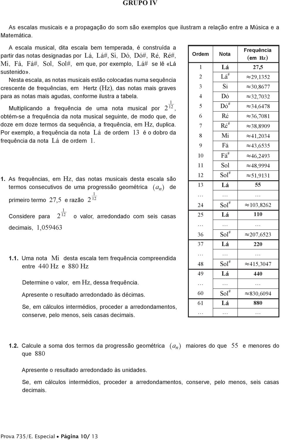 Nesta escala, as notas musicais estão colocadas numa sequência crescente de frequências, em Hertz (Hz), das notas mais graves para as notas mais agudas, conforme ilustra a tabela.