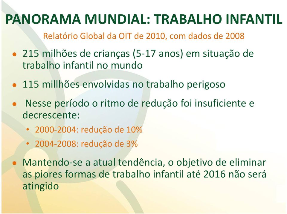 Nesse período o ritmo de redução foi insuficiente e decrescente: 2000-2004: redução de 10% 2004-2008: redução