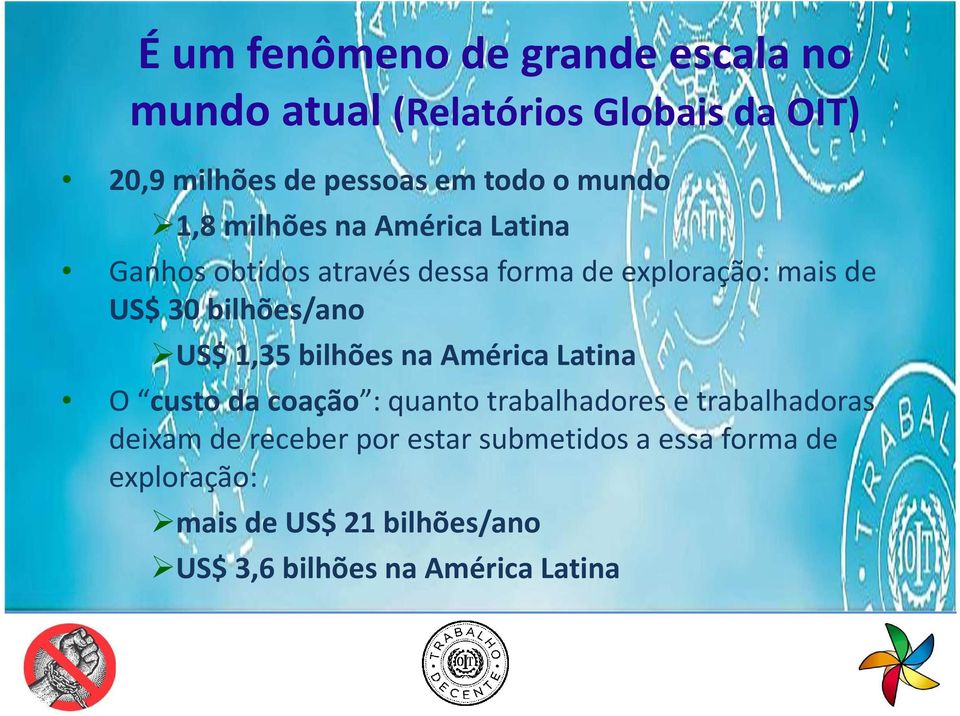 bilhões/ano US$ 1,35 bilhões na América Latina O custo da coação : quanto trabalhadores e trabalhadoras