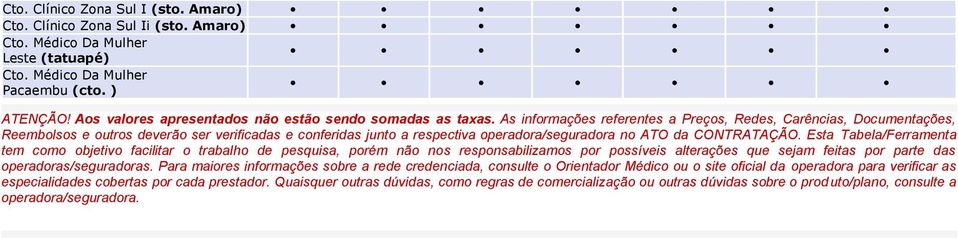 As informações referentes a Preços, Redes, Carências, Documentações, Reembolsos e outros deverão ser verificadas e conferidas junto a respectiva operadora/seguradora no ATO da CONTRATAÇÃO.