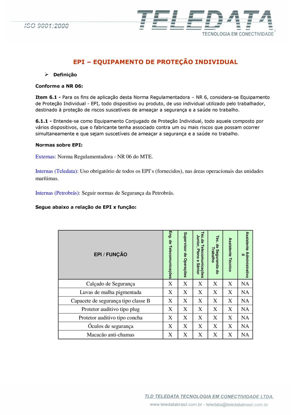 destinado à proteção de riscos suscetíveis de ameaçar a segurança e a saúde no trabalho. 6.1.