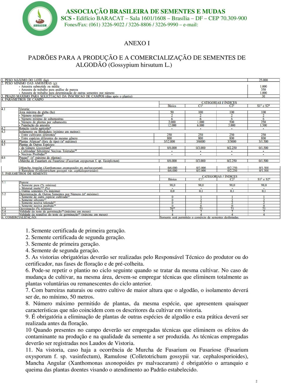 É obrigatória a eliminação de plantas de outras espécies de algodão e esta prática deverá ser realizada antes da floração.