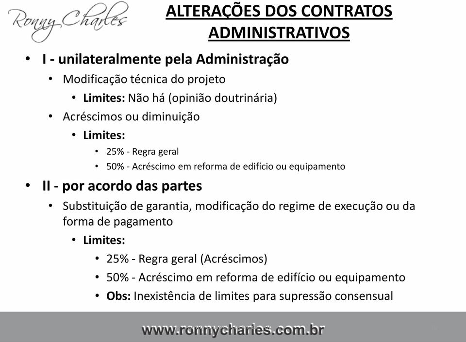 das partes Substituição de garantia, modificação do regime de execução ou da forma de pagamento Limites: 25% - Regra geral (Acréscimos)