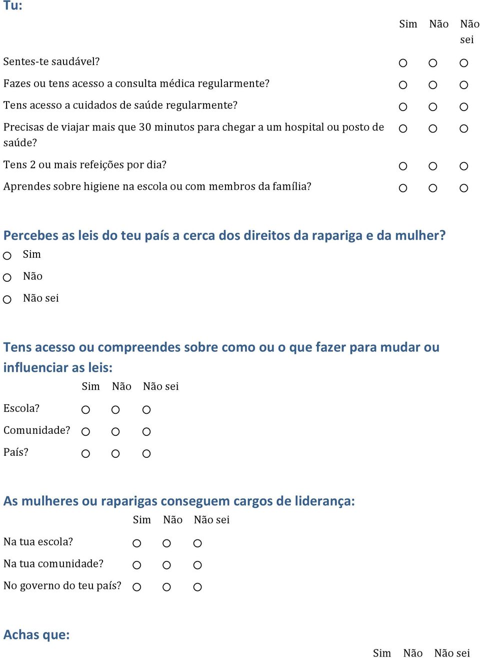 Aprendes sobre higiene na escola ou com membros da família? Percebes as leis do teu país a cerca dos direitos da rapariga e da mulher?