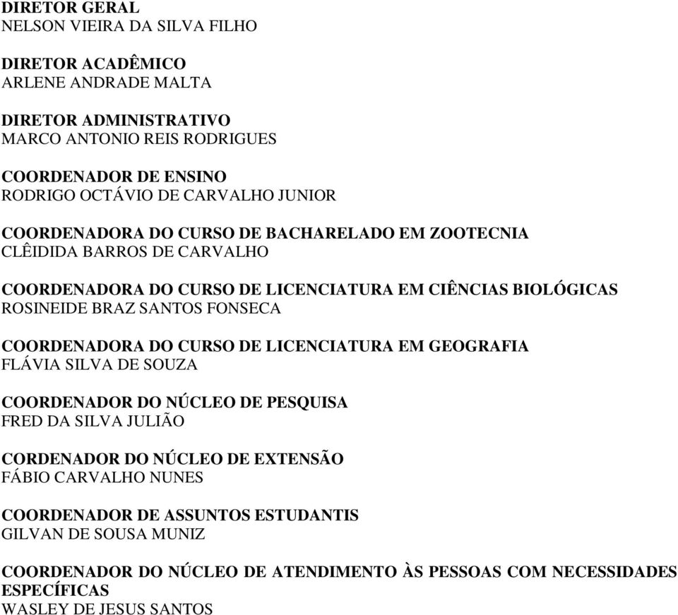 SANTOS FONSECA COORDENADORA DO CURSO DE LICENCIATURA EM GEOGRAFIA FLÁVIA SILVA DE SOUZA COORDENADOR DO NÚCLEO DE PESQUISA FRED DA SILVA JULIÃO CORDENADOR DO NÚCLEO DE