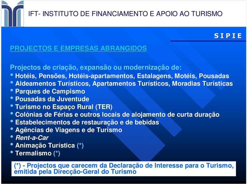 Colónias de Férias e outros locais de alojamento de curta duração Estabelecimentos de restauração e de bebidas Agências de Viagens e de Turismo