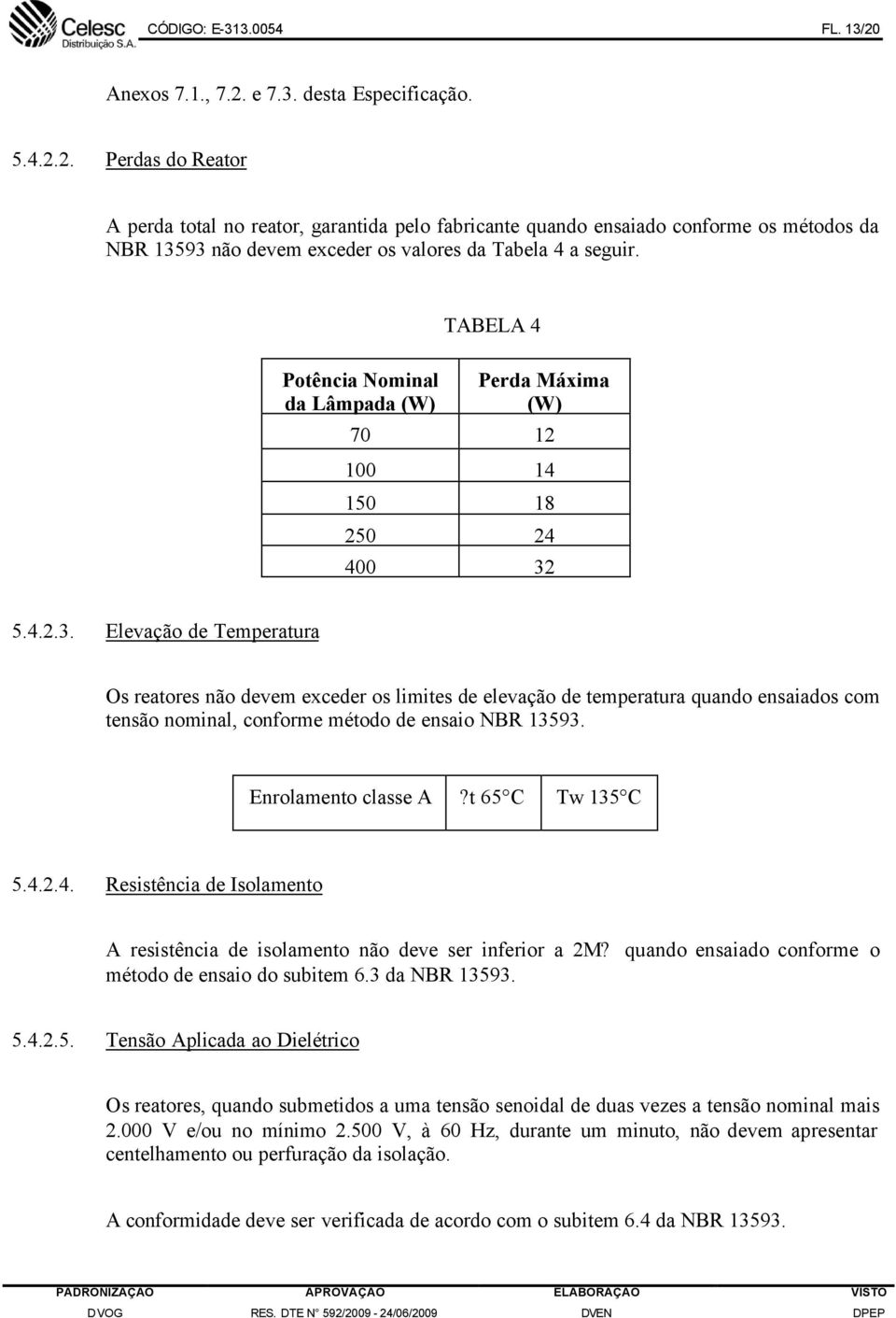 5.4.2.3. Elevação de Temperatura Os reatores não devem exceder os limites de elevação de temperatura quando ensaiados com tensão nominal, conforme método de ensaio NBR 13593. Enrolamento classe A?