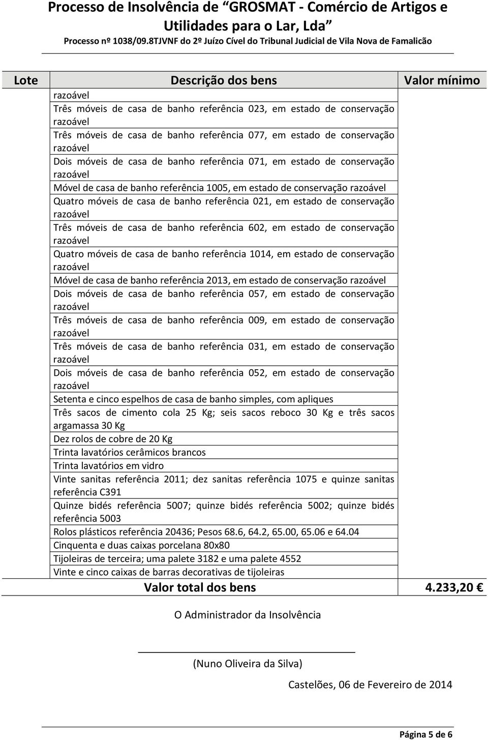 casa de banho referência 602, em estado de conservação Quatro móveis de casa de banho referência 1014, em estado de conservação Móvel de casa de banho referência 2013, em estado de conservação Dois