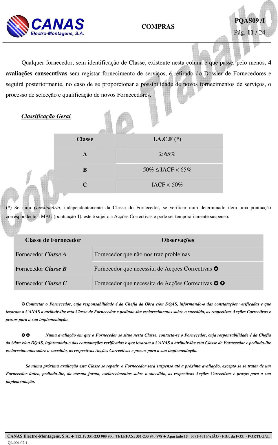 Classificação Geral Classe I.A.C.F (*) A 65% B 50% IACF < 65% C IACF < 50% (*) Se num Questionário, independentemente da Classe do Fornecedor, se verificar num determinado item uma pontuação