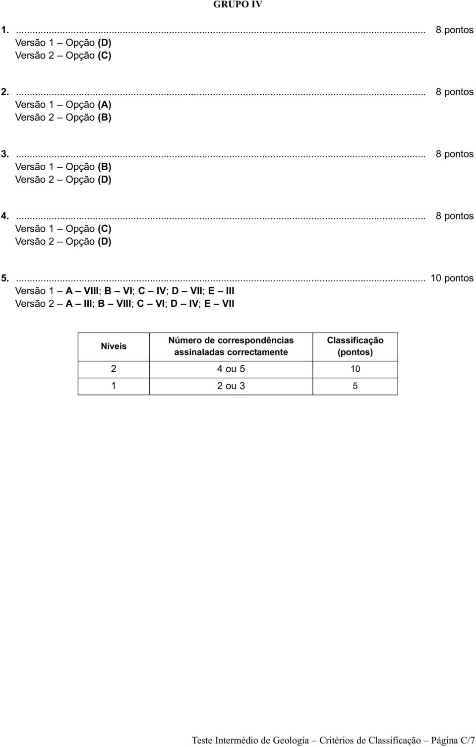 Versão A III; B VIII; C VI; D IV; E VII Número de correspondências assinaladas correctamente