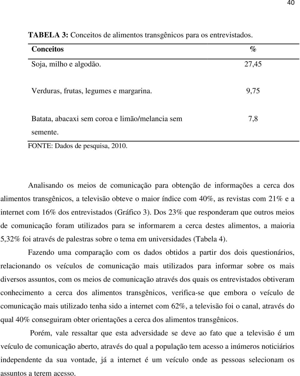 7,8 Analisando os meios de comunicação para obtenção de informações a cerca dos alimentos transgênicos, a televisão obteve o maior índice com 40%, as revistas com 21% e a internet com 16% dos