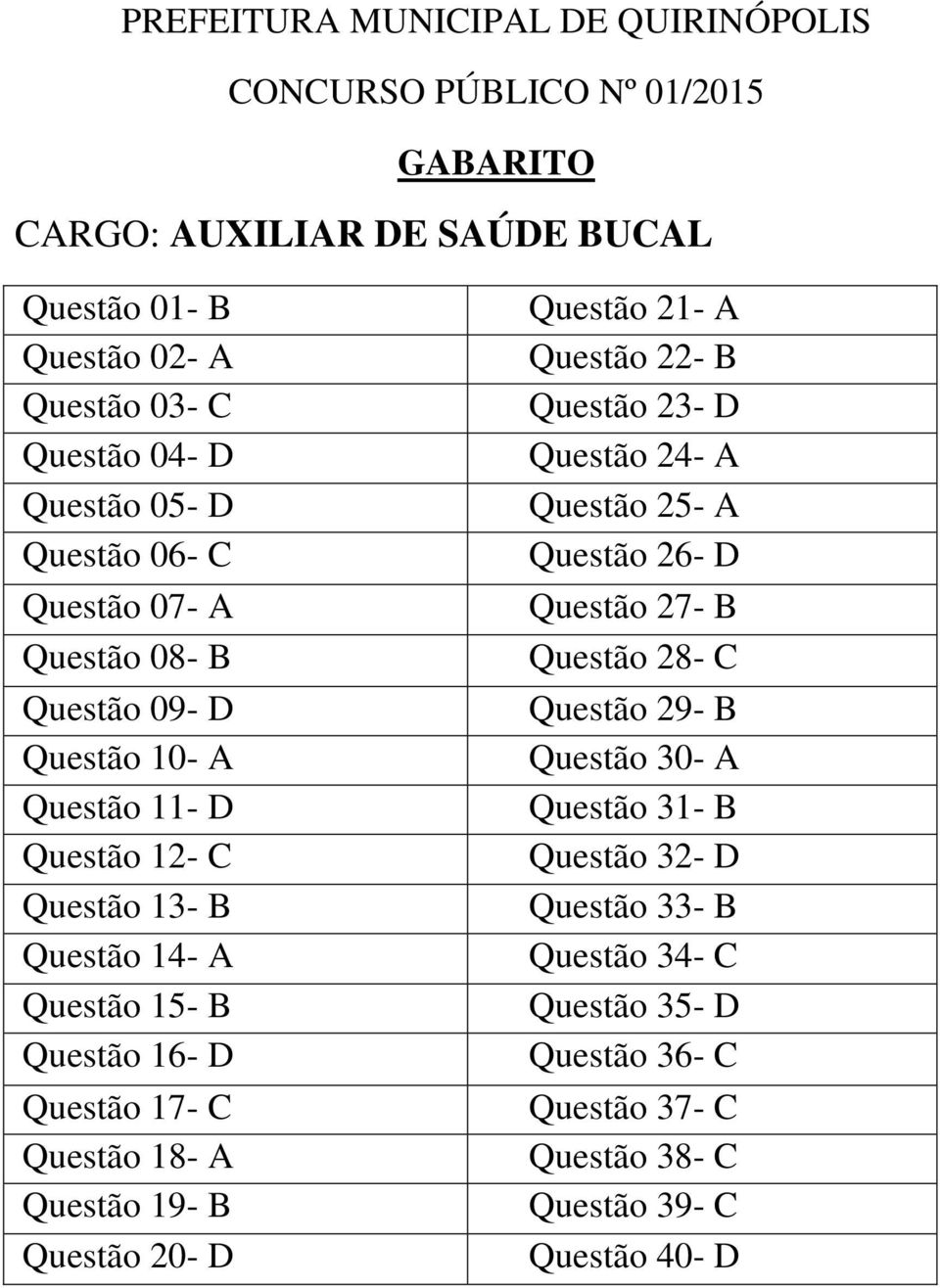 D Questão 21- A Questão 22- B Questão 23- D Questão 24- A Questão 25- A Questão 26- D Questão 27- B Questão 28- C Questão 29- B Questão 30-