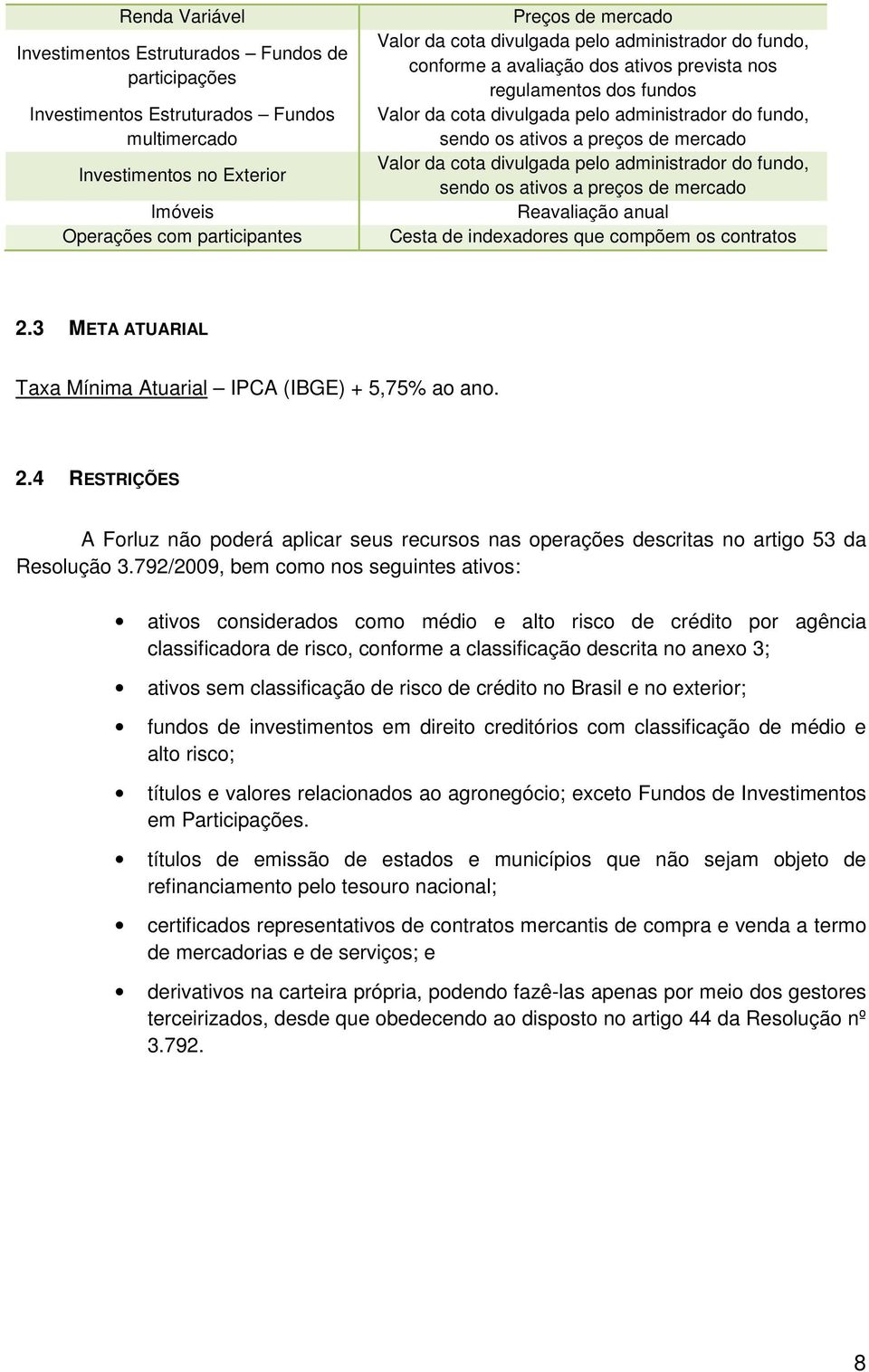 mercado Valor da cota divulgada pelo administrador do fundo, sendo os ativos a preços de mercado Reavaliação anual Cesta de indexadores que compõem os contratos 2.