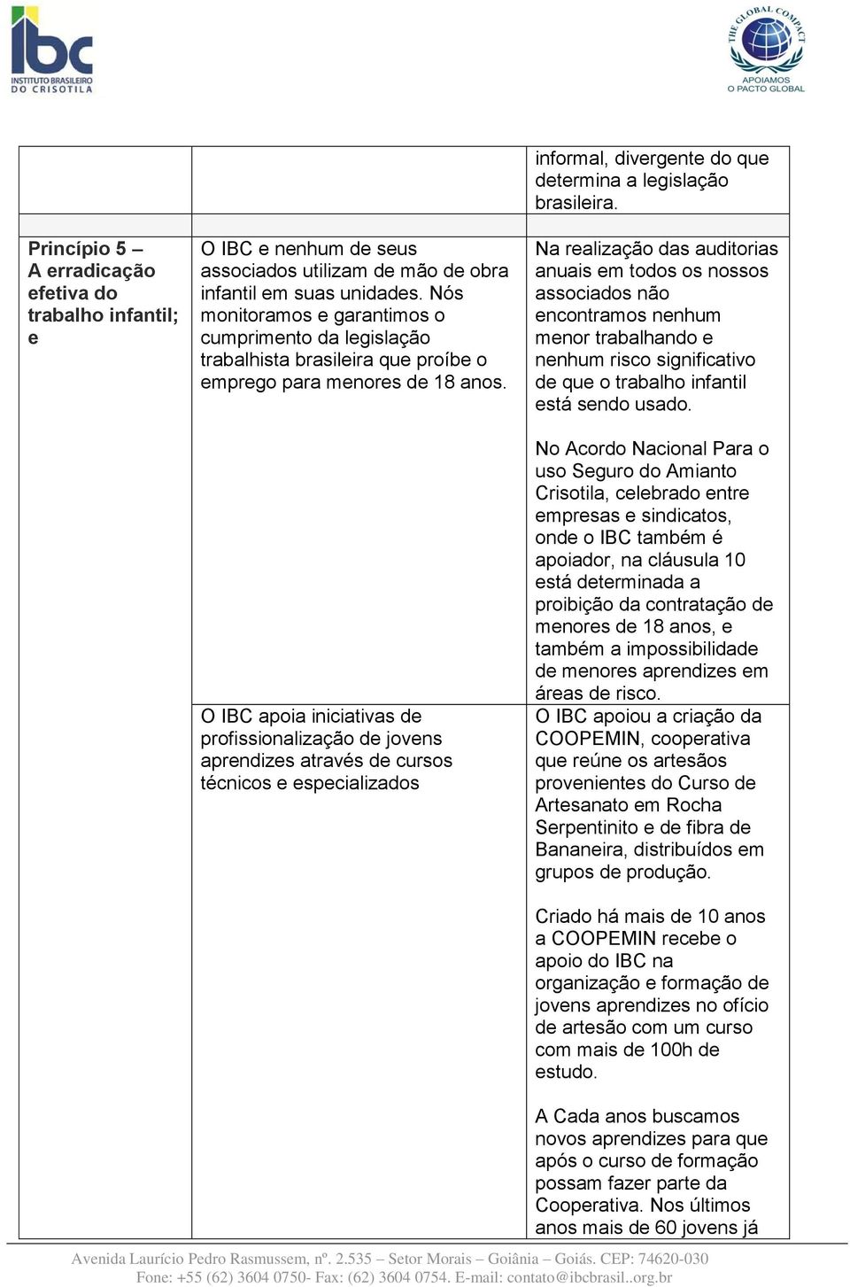 O IBC apoia iniciativas de profissionalização de jovens aprendizes através de cursos técnicos e especializados informal, divergente do que determina a legislação brasileira.