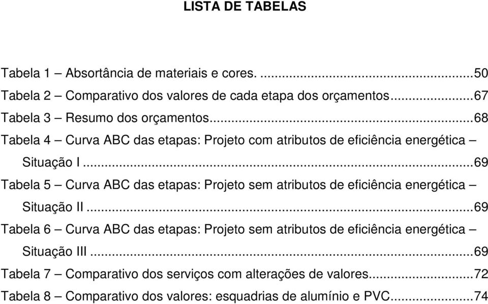 ..69 Tabela 5 Curva ABC das etapas: Projeto sem atributos de eficiência energética Situação II.