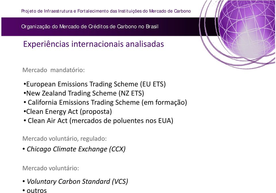 Energy Act (proposta) Clean Air Act (mercados de poluentes nos EUA) Mercado voluntário, regulado: