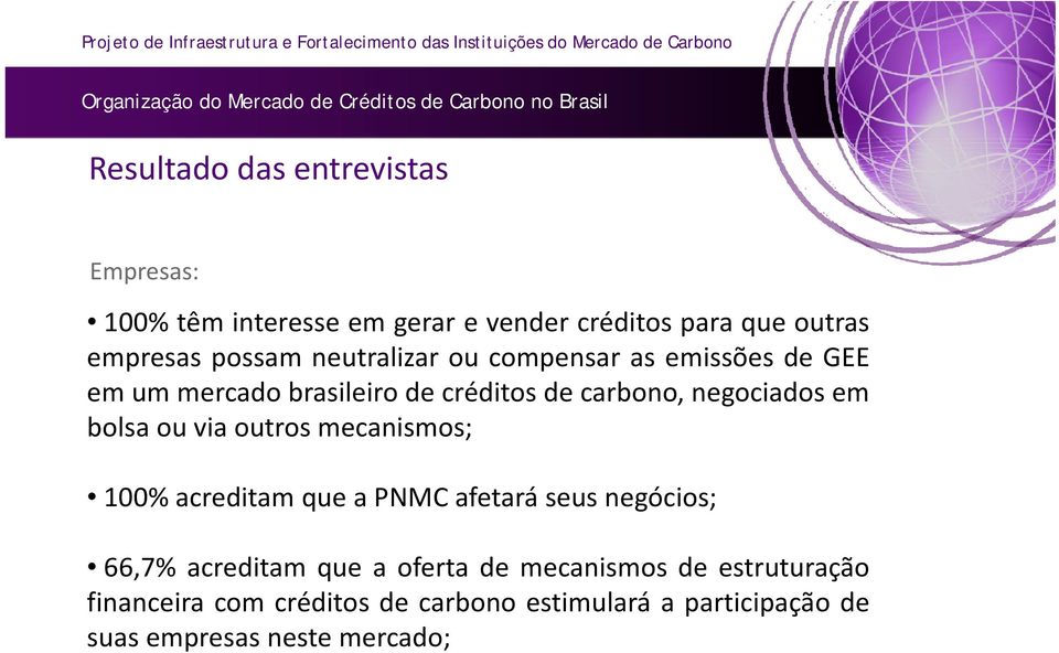 bolsa ou via outros mecanismos; 100% acreditam que a PNMC afetará seus negócios; 66,7% acreditam que a oferta