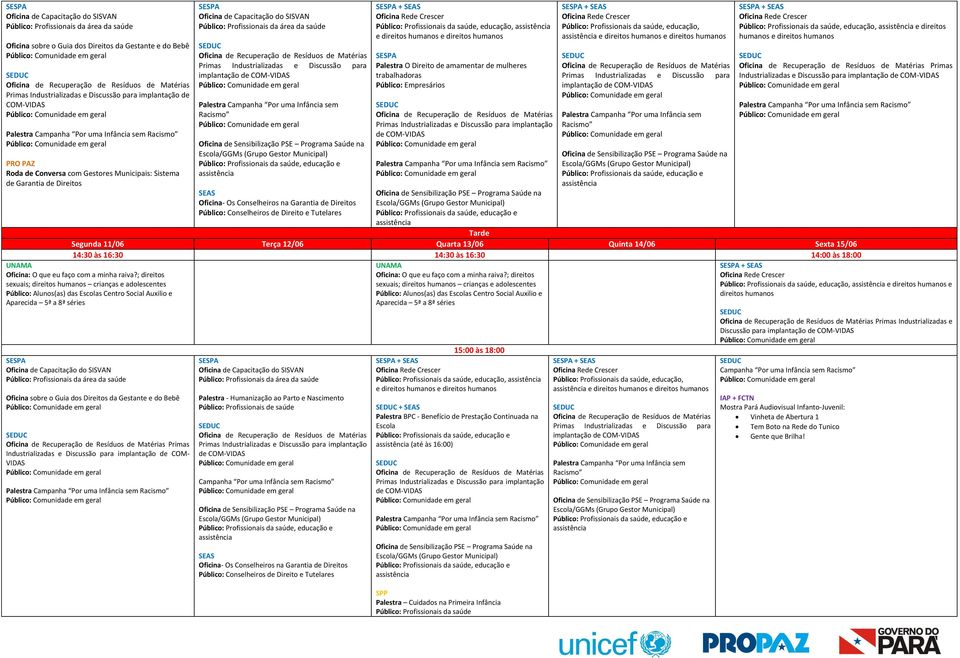 direitos humanos Primas Industrializadas e Discussão para Tarde 14:30 às 16:30 14:30 às 16:30 14:00 às 18:00 UNAMA Oficina: O que eu faço com a minha raiva?