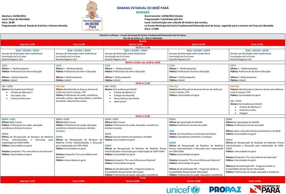 17:00h Palestras e oficinas Escola Municipal de Ensino Fundamental Raimundo José de Sousa Rua 26 de Junho s/n Bairro Liberdade Manhã 08:00 às 17:00 Voa Japim, Voa A Festa da Pororoca e direitos