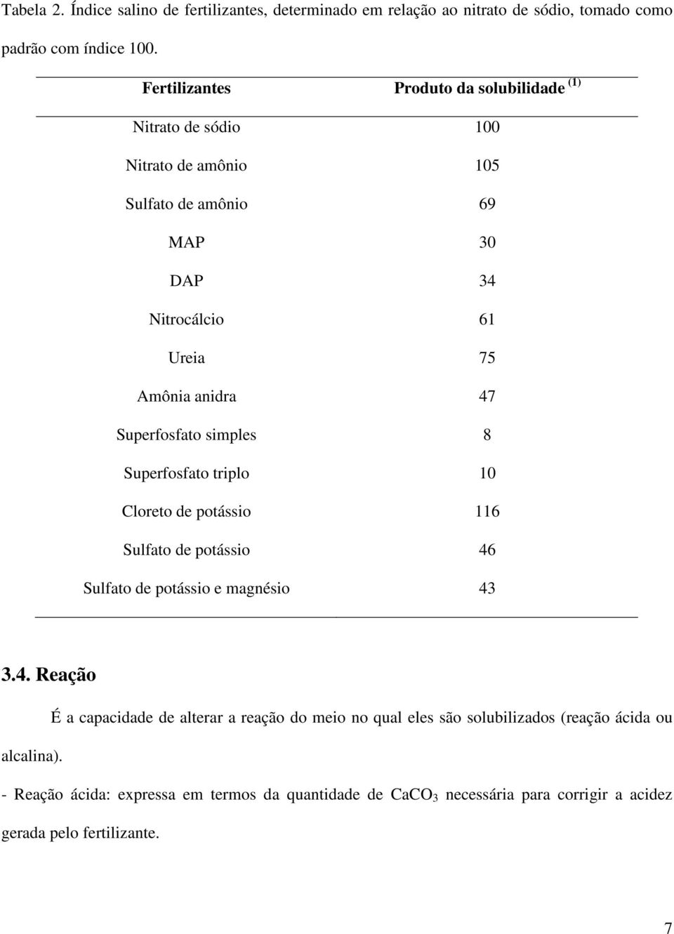 Superfosfato simples 8 Superfosfato triplo 10 Cloreto de potássio 116 Sulfato de potássio 46