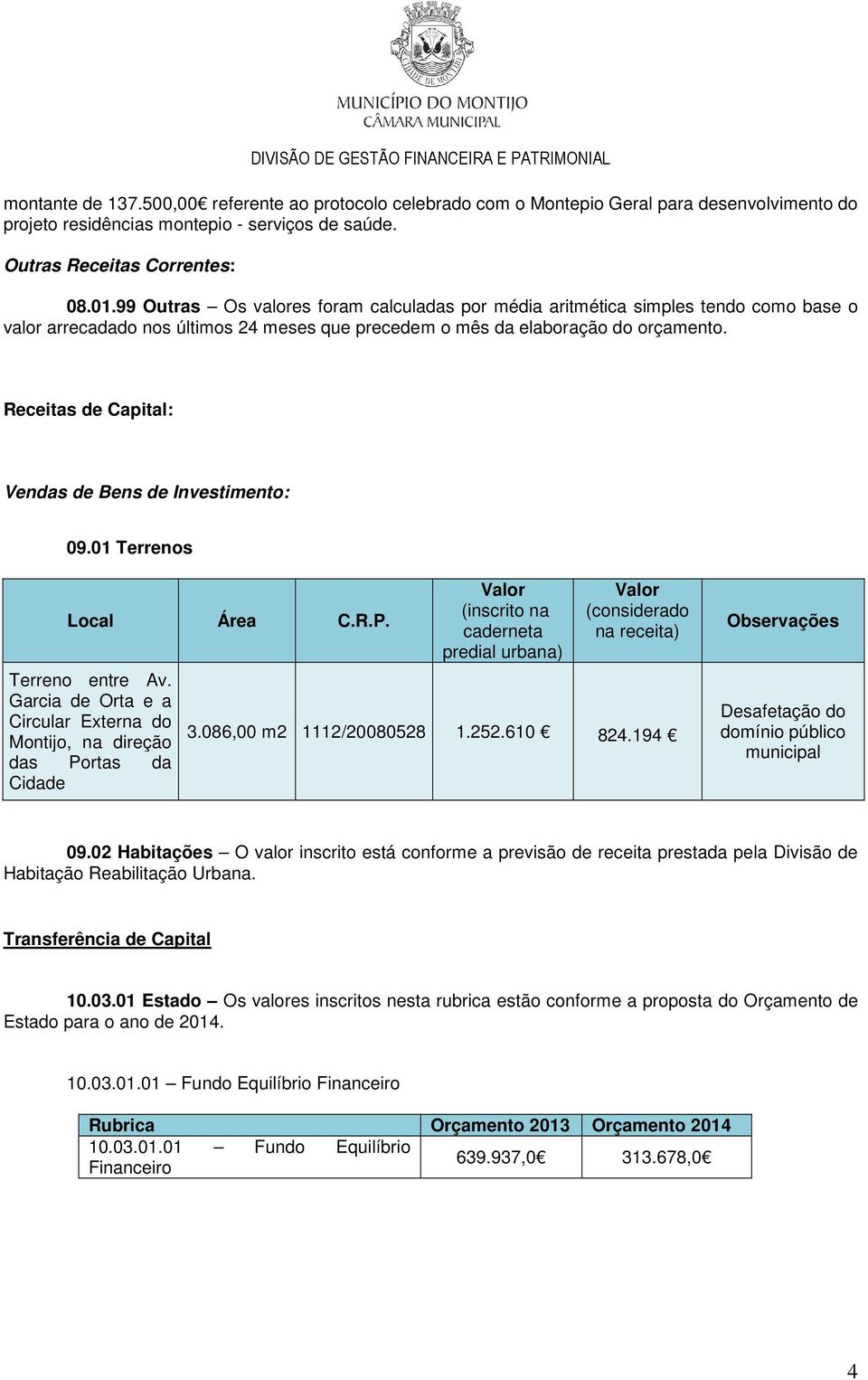 Receitas de Capital: Vendas de Bens de Investimento: 09.01 Terrenos Local Área C.R.P. Terreno entre Av.