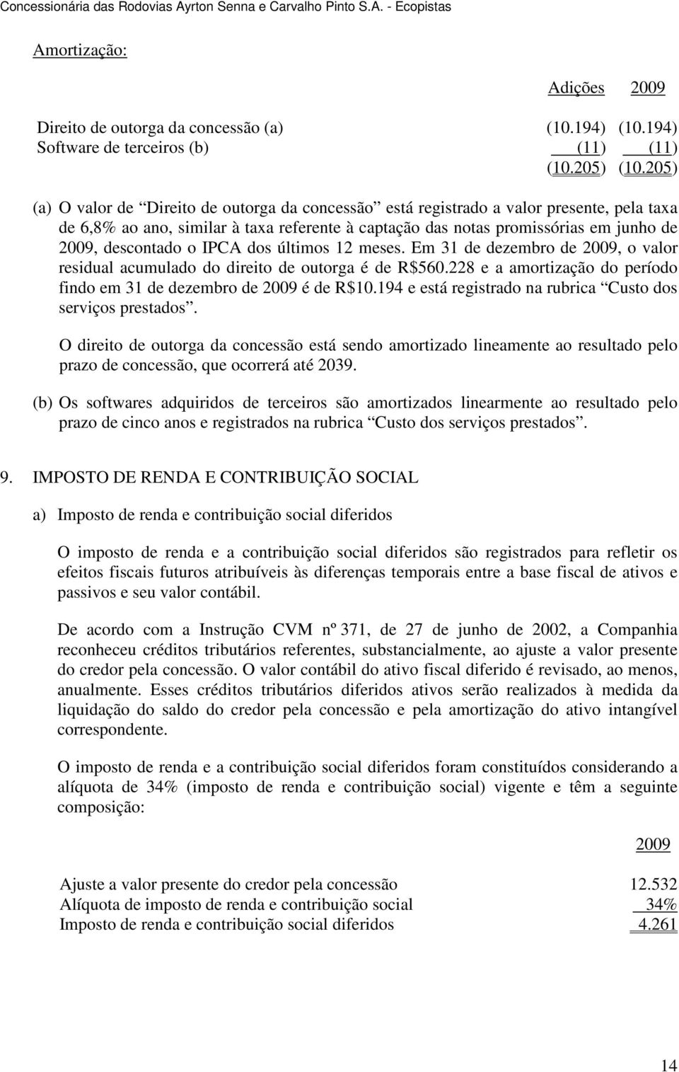 IPCA dos últimos 12 meses. Em 31 de dezembro de, o valor residual acumulado do direito de outorga é de R$560.228 e a amortização do período findo em 31 de dezembro de é de R$10.