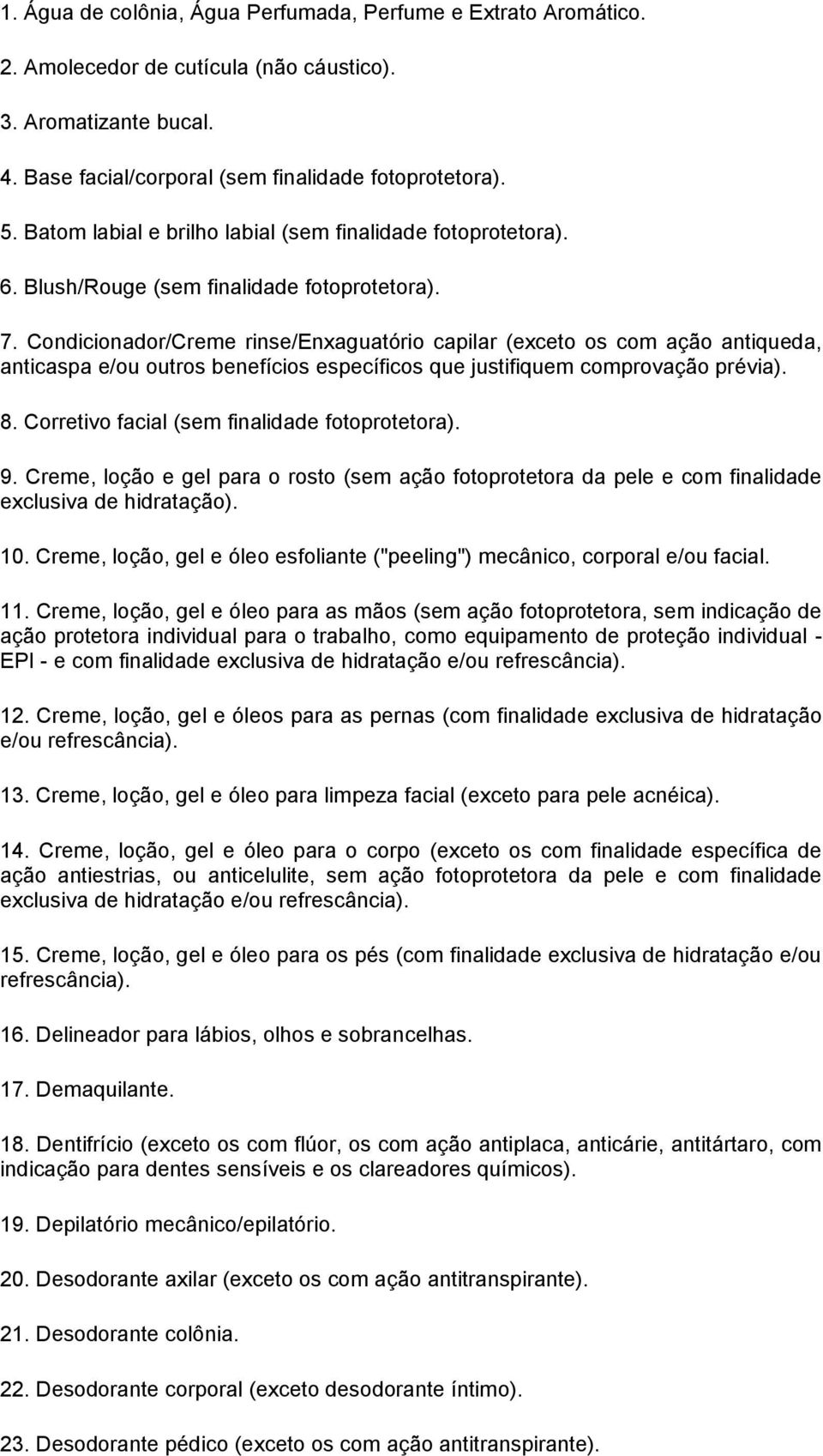 Condicionador/Creme rinse/enxaguatório capilar (exceto os com ação antiqueda, anticaspa e/ou outros benefícios específicos que justifiquem comprovação prévia). 8.