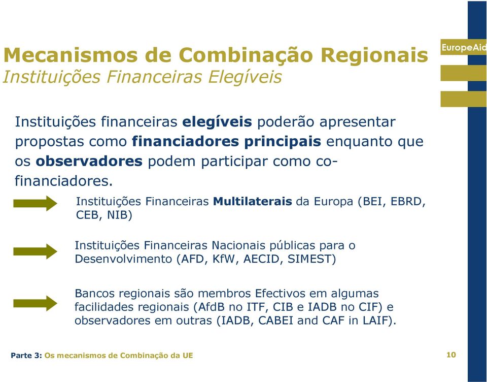 Instituições Financeiras Multilaterais da Eurpa (BEI, EBRD, CEB, NIB) Instituições Financeiras Nacinais públicas para Desenvlviment (AFD,