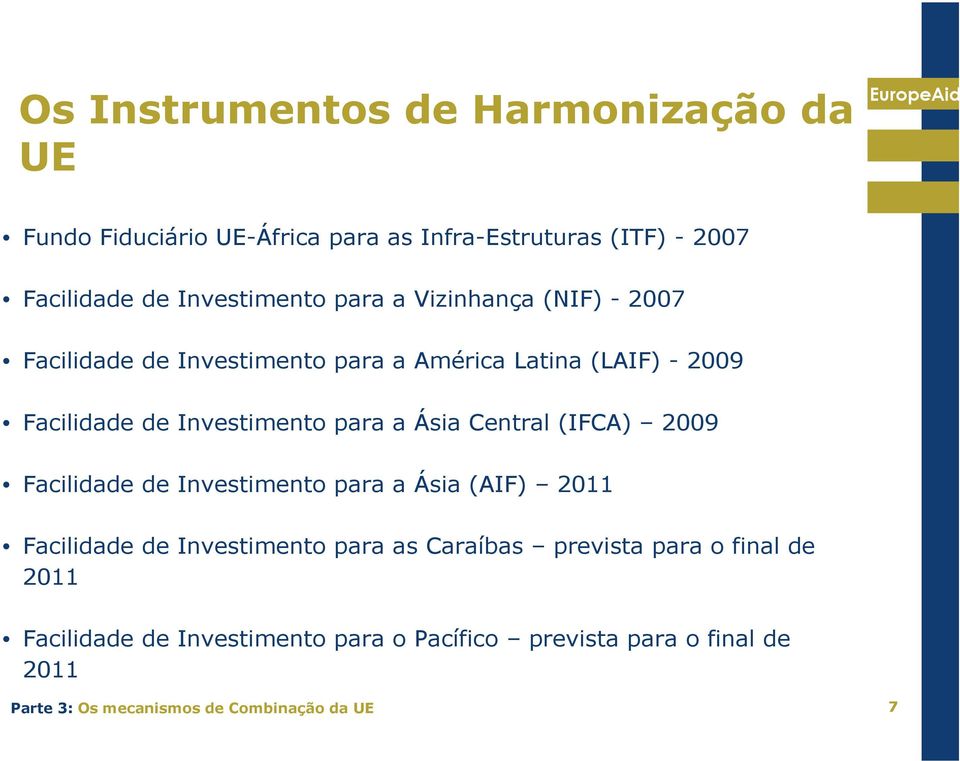 Ásia Central (IFCA) 2009 Facilidade de Investiment para a Ásia (AIF) 2011 Facilidade de Investiment para as Caraíbas prevista