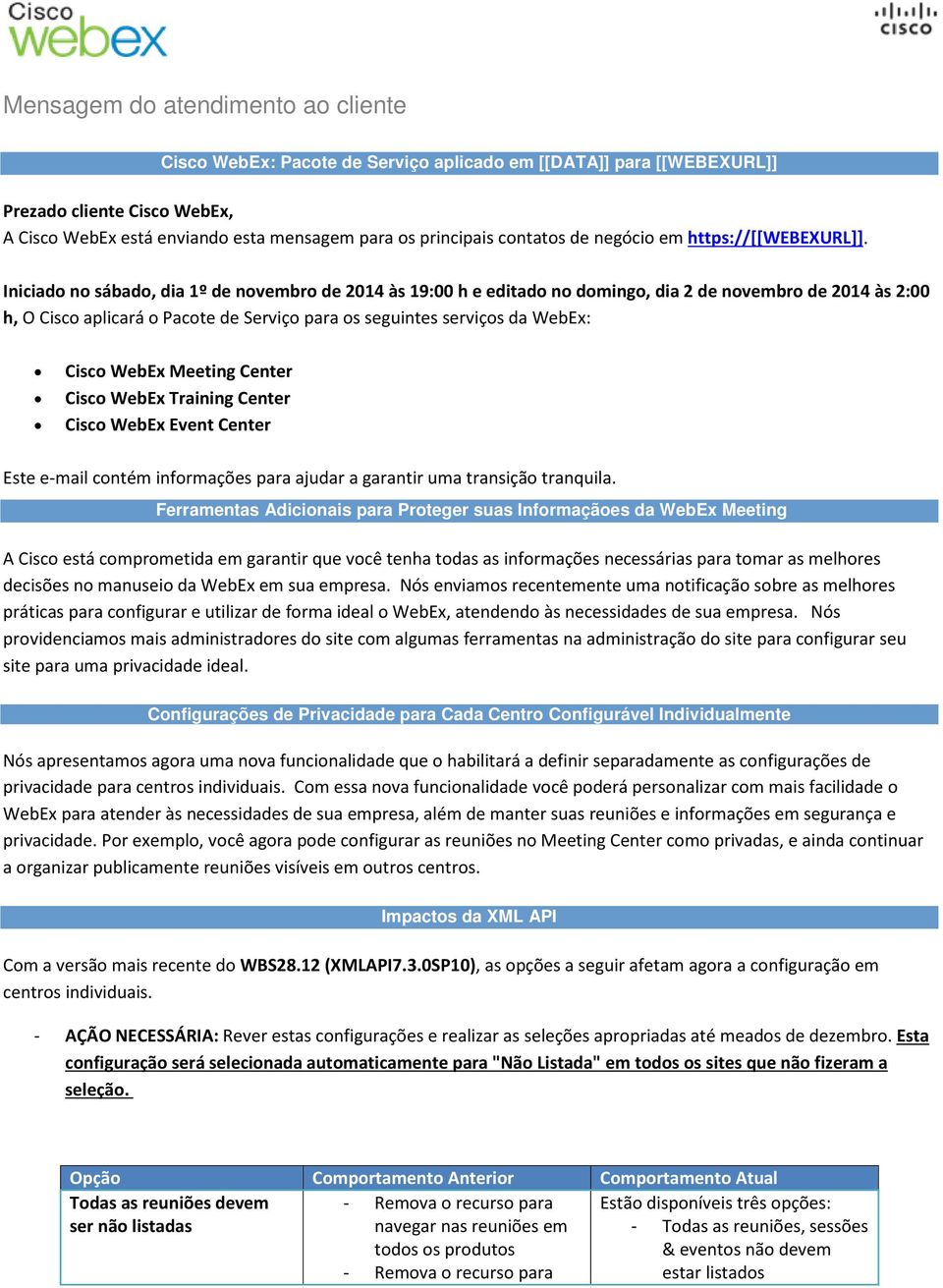 Iniciado no sábado, dia 1º de novembro de 2014 às 19:00 h e editado no domingo, dia 2 de novembro de 2014 às 2:00 h, O Cisco aplicará o Pacote de Serviço para os seguintes serviços da WebEx: Cisco