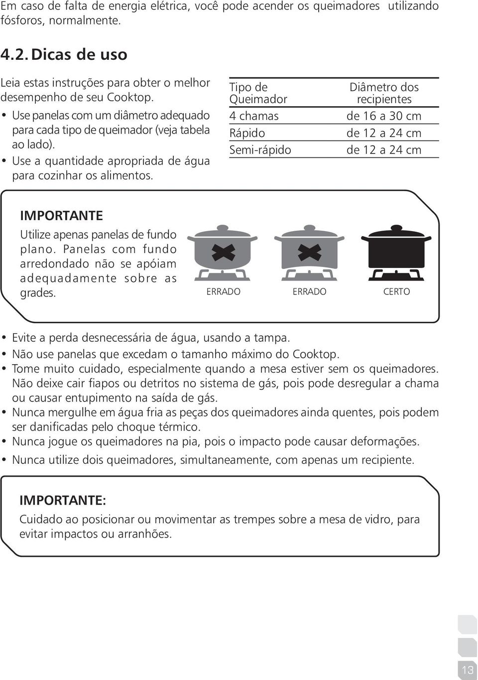 Tipo de Queimador Diâmetro dos recipientes 4 chamas de 16 a 30 cm Rápido de 12 a 24 cm Semi-rápido de 12 a 24 cm IMPORTANTE Utilize apenas panelas de fundo plano.