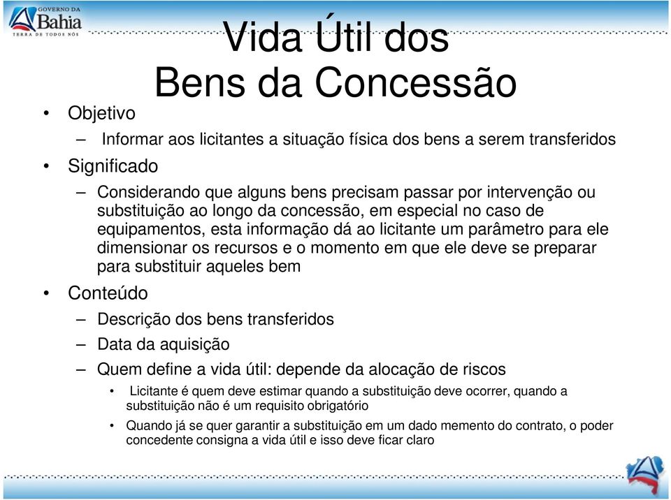 substituir aqueles bem Descrição dos bens transferidos Data da aquisição Quem define a vida útil: depende da alocação de riscos Licitante é quem deve estimar quando a substituição deve