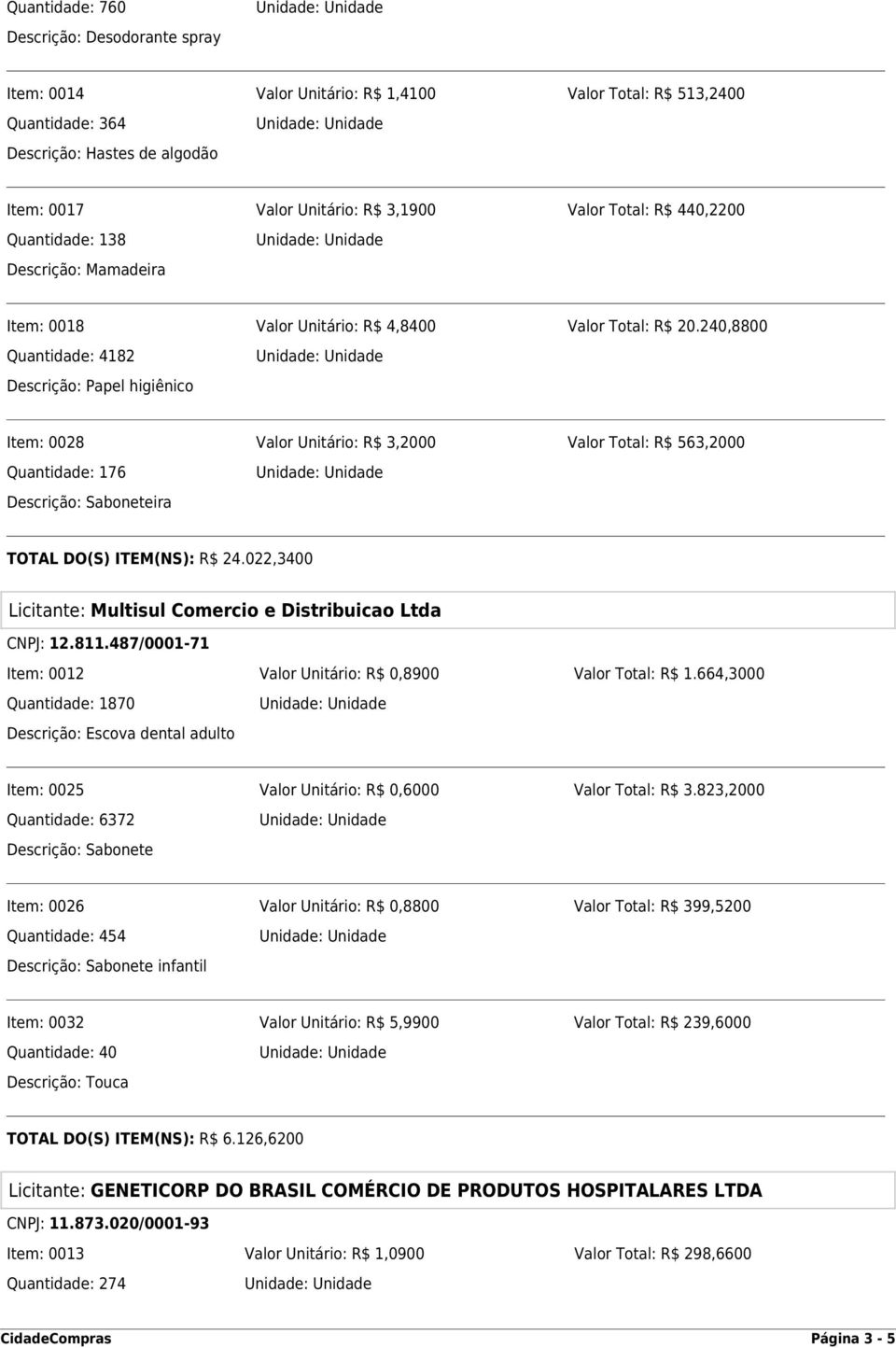 240,8800 Quantidade: 4182 Descrição: Papel higiênico Item: 0028 Valor Unitário: R$ 3,2000 Valor Total: R$ 563,2000 Quantidade: 176 Descrição: Saboneteira TOTAL DO(S) ITEM(NS): R$ 24.