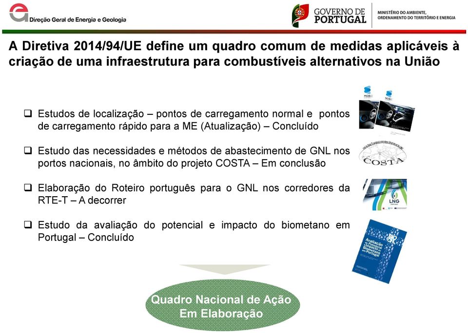 e métodos de abastecimento de GNL nos portos nacionais, no âmbito do projeto COSTA Em conclusão Elaboração do Roteiro português para o GNL nos