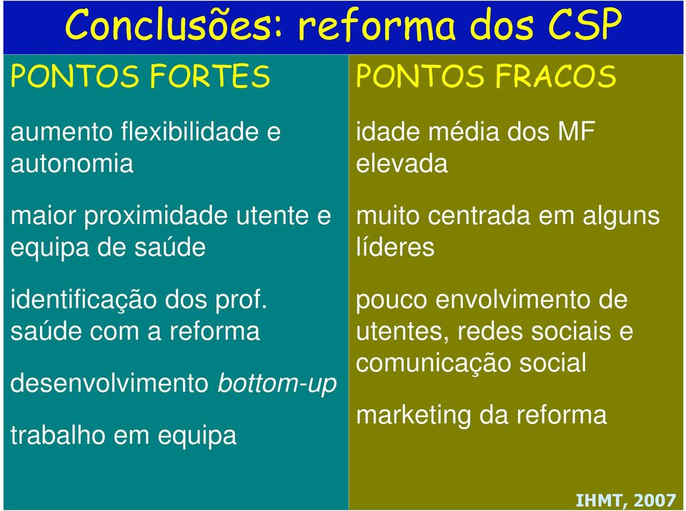 saúde com a reforma desenvolvimento bottom-up trabalho em equipa PONTOS FRACOS idade média