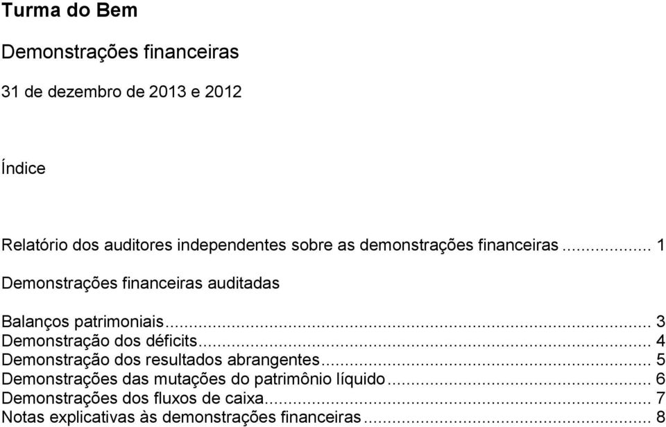 .. 3 Demonstração dos déficits... 4 Demonstração dos resultados abrangentes.