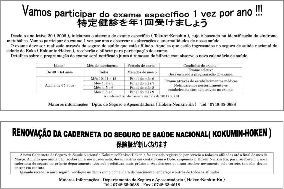 Aqueles que estão ingressados no seguro de saúde nacional da cidade de Koka ( Kokumin-Hoken ), receberão o bilhete para participação do exame.